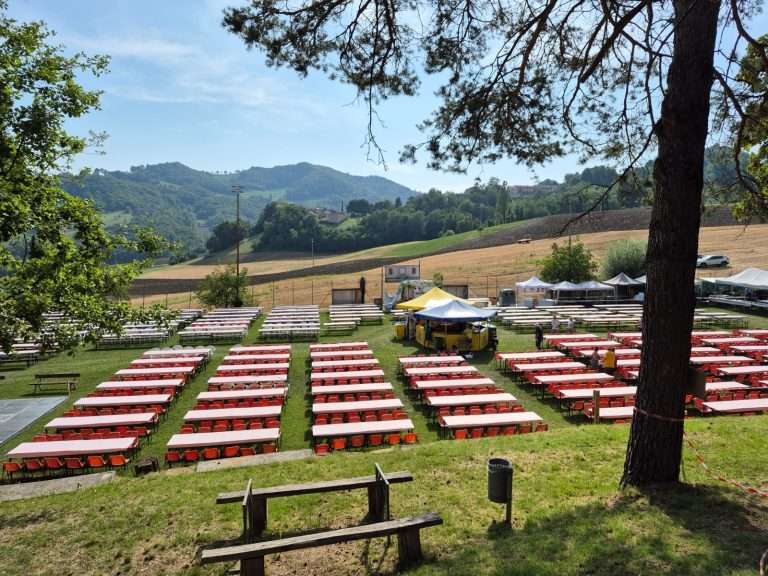 Le tavolate della festa sotto i pini